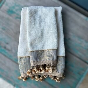CROSCILL Hand Towels 11x17 to 15x26 Inch Cream Brocade Gold Tassels Decorative